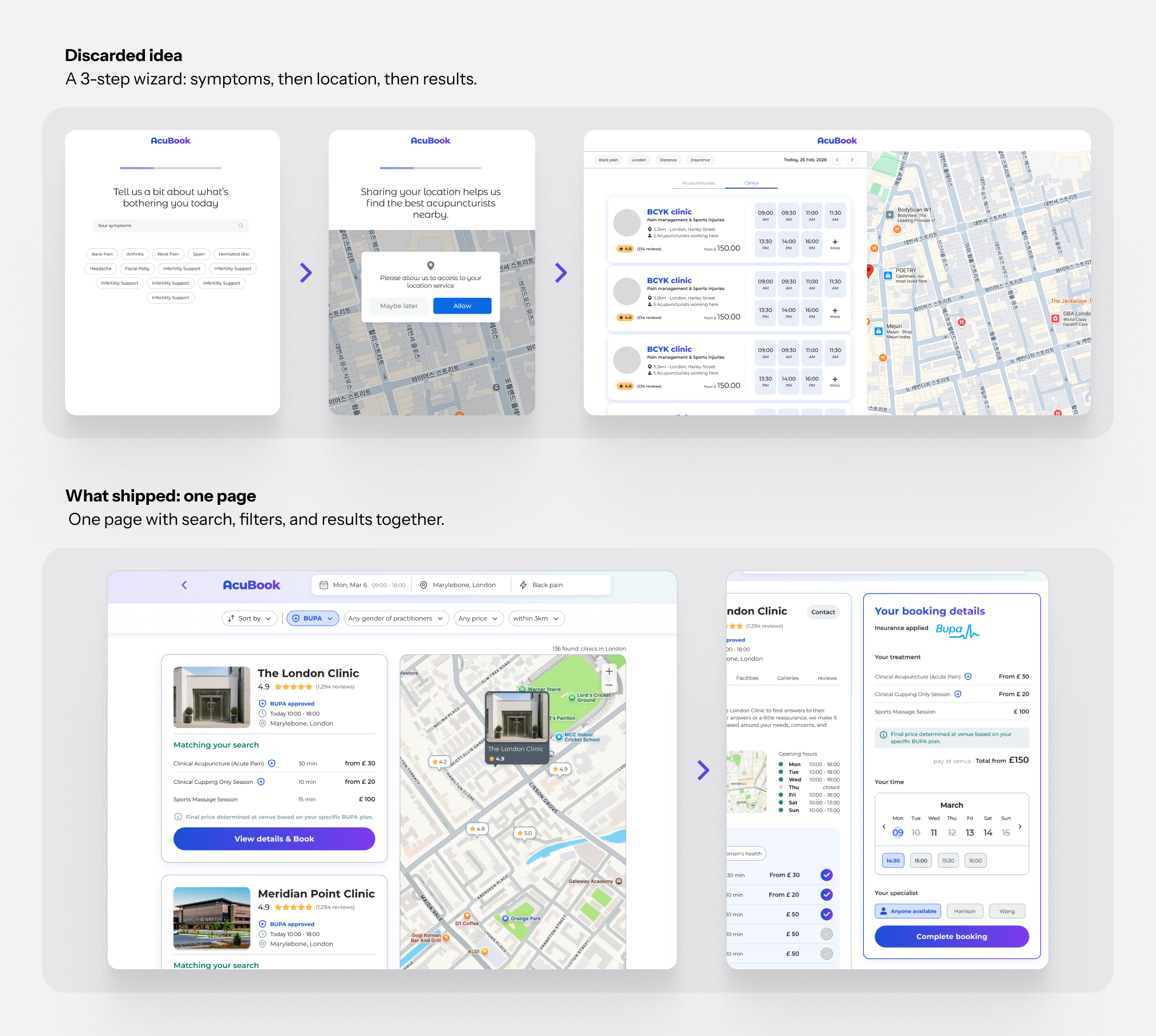 Discarded idea, a 3-step wizard: symptoms, then location, then results. What shipped: one page with search, filters, and results together.