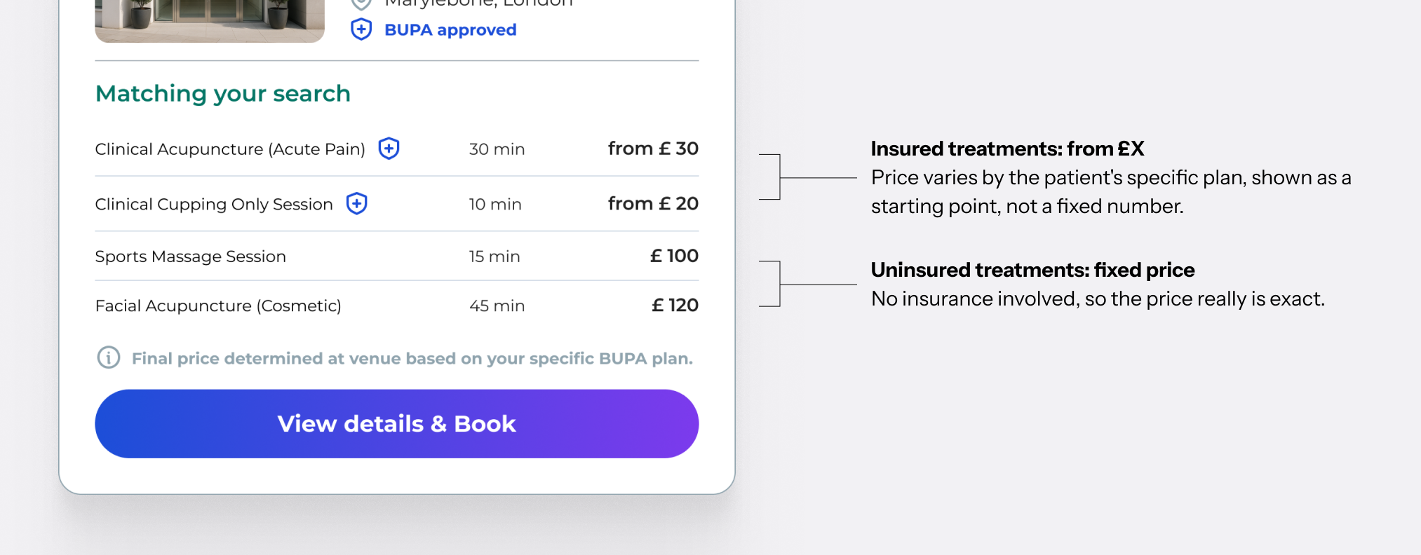 Insured treatments show from £X, price varies by the patient's plan. Uninsured treatments show a fixed price, since no insurance is involved.