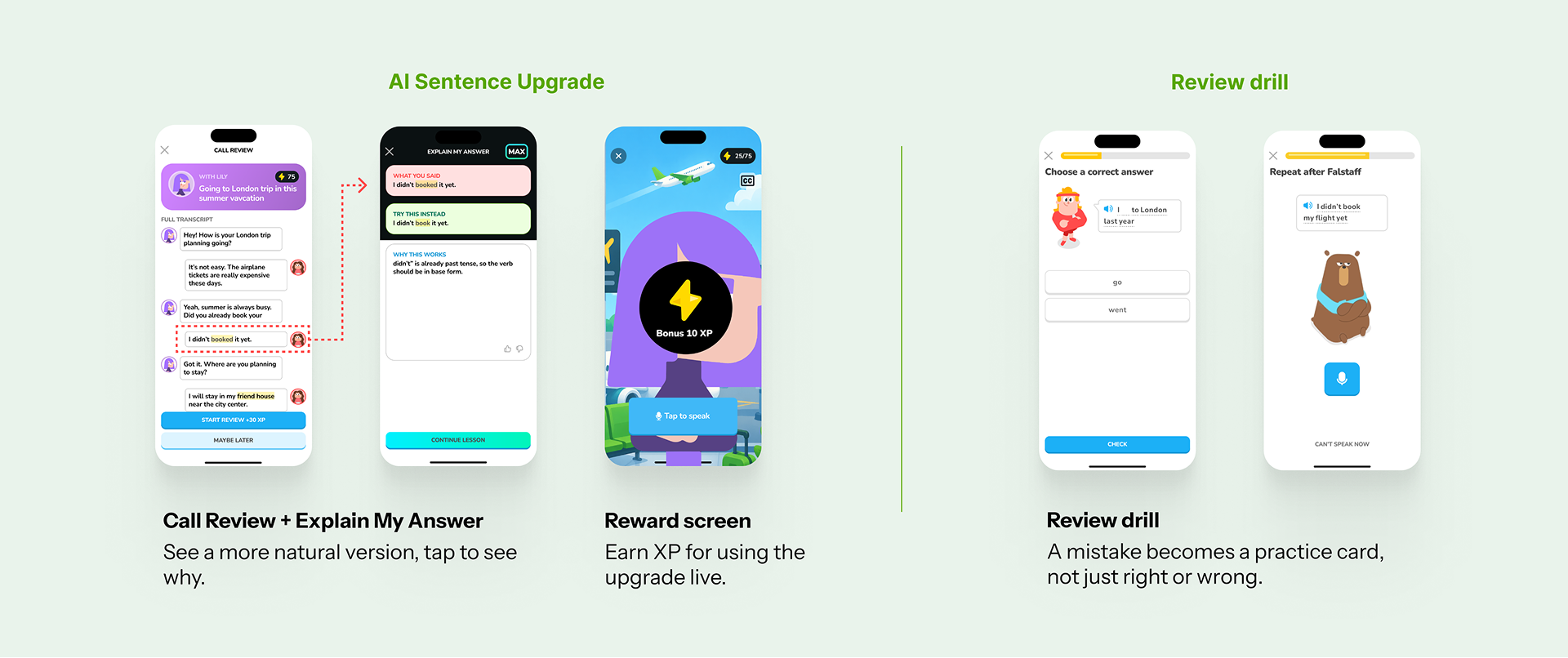 Call Review screenshot: transcript, inline error highlight, review exercise card