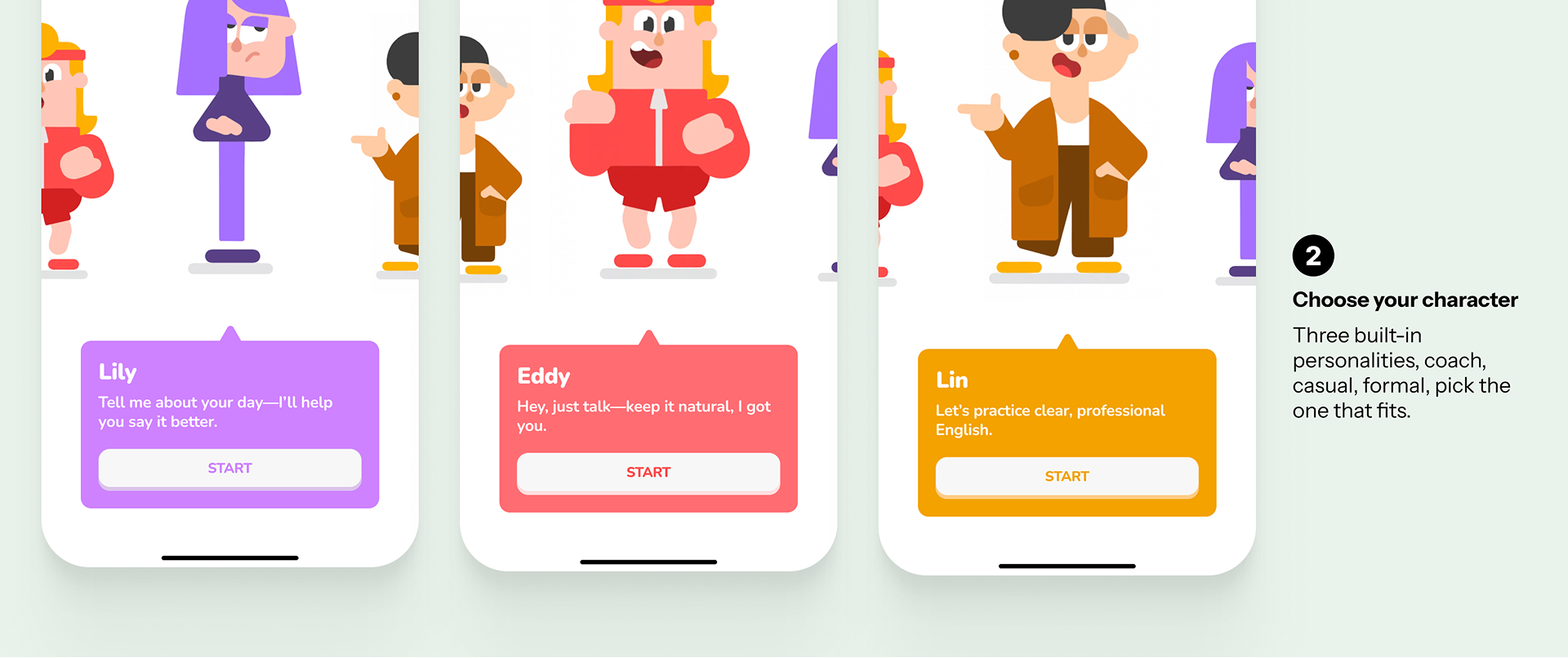All three character tone bubbles visible on the selection screen