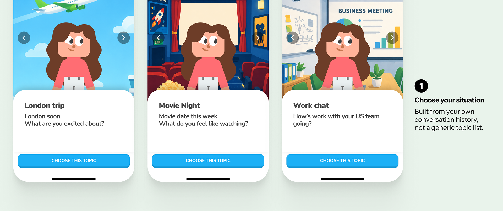 Topic and character selection screens