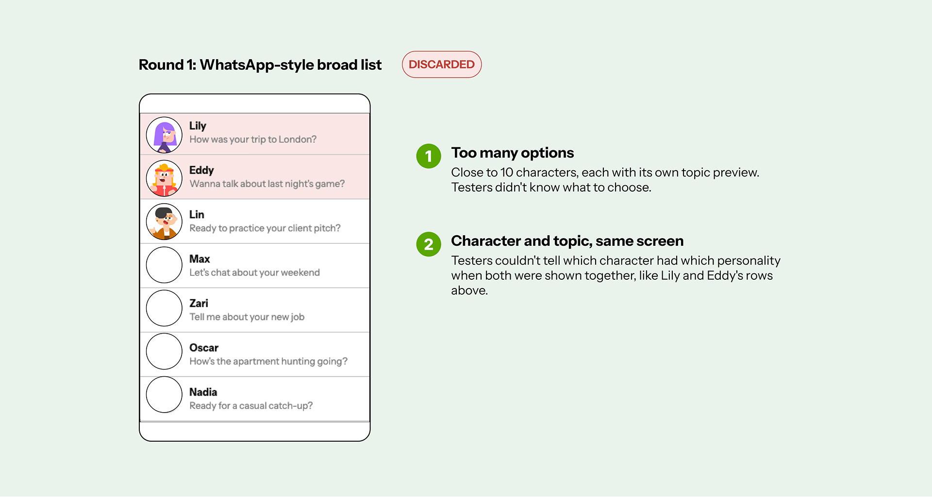 Discarded WhatsApp-style wireframe next to the narrowed, separated version