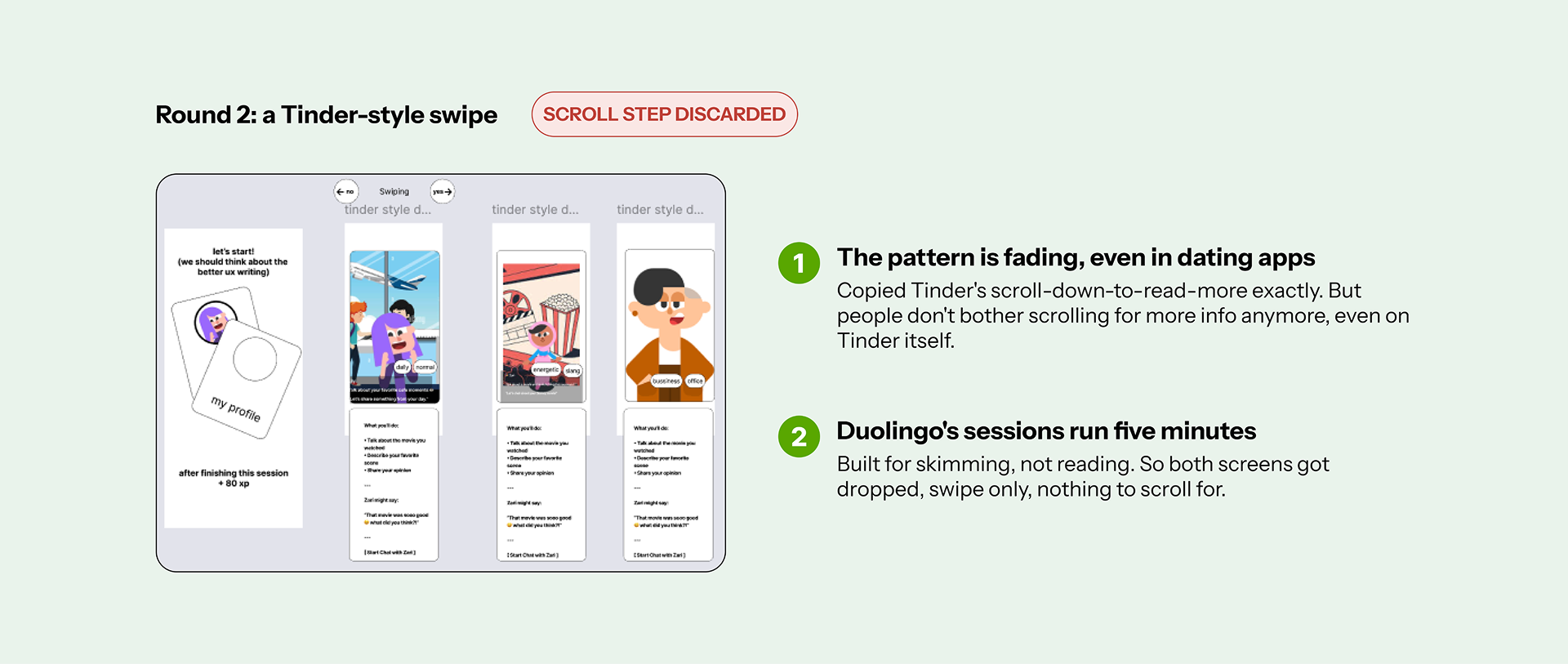 Ideation sketches, the Tinder-card swipe concept, annotated