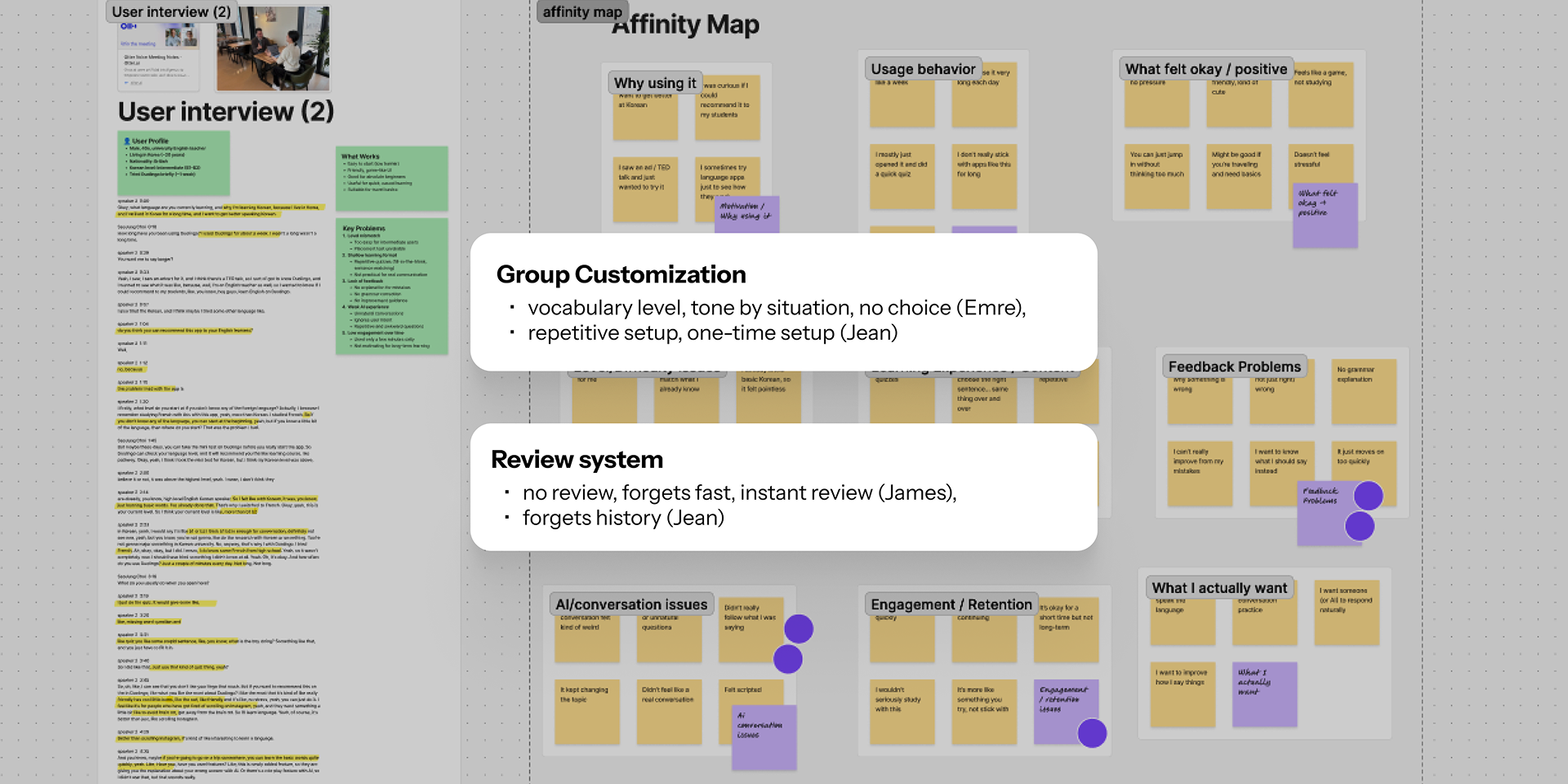 Affinity map clustering interview findings into customization and review system