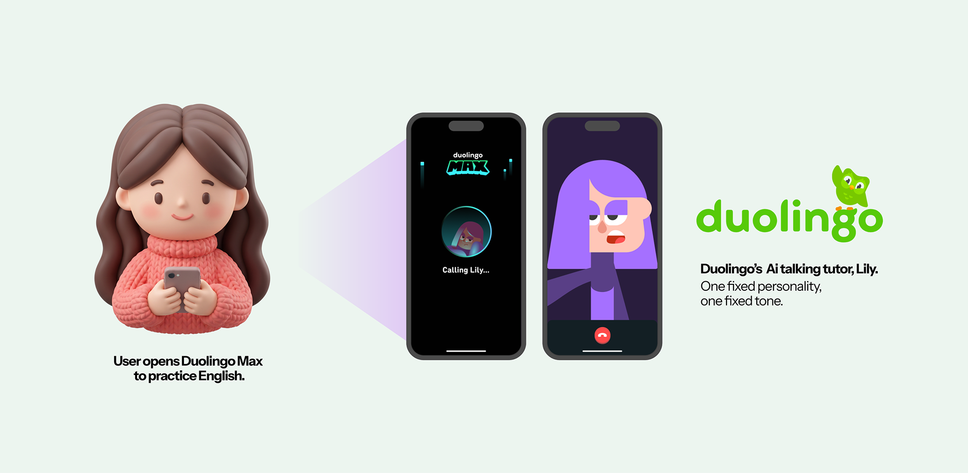 Emma opens Duolingo Max to practice English, every conversation goes through the same one voice, Lily
