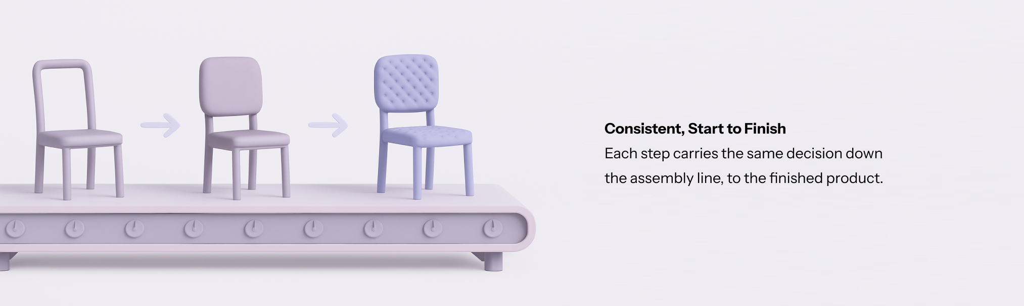 Consistent, Start to Finish: a 3D clay-render assembly line, the same chair carried through each stage to a finished product