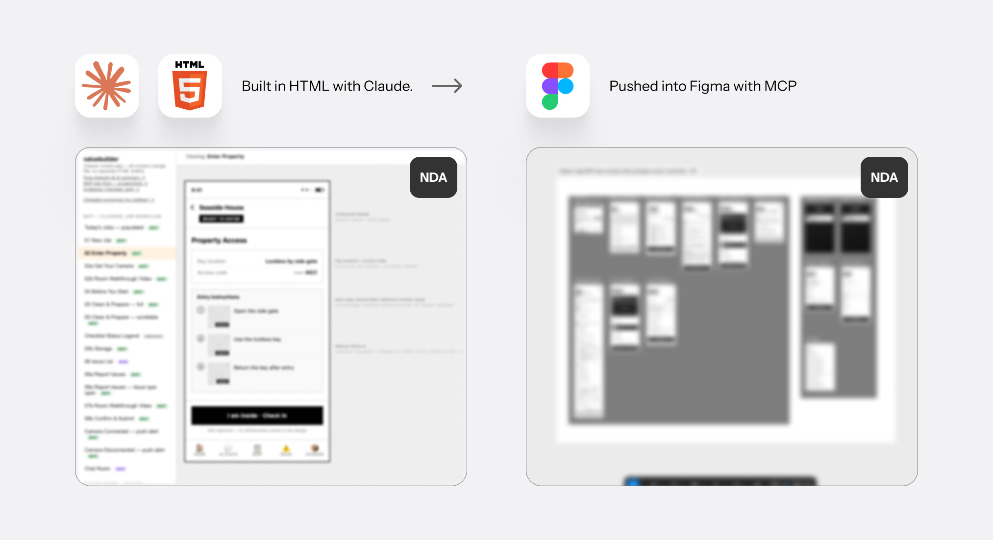 Wireframe to Figma: the raw HTML wireframe next to the same wireframe pushed into Figma via MCP, shapes landed correctly